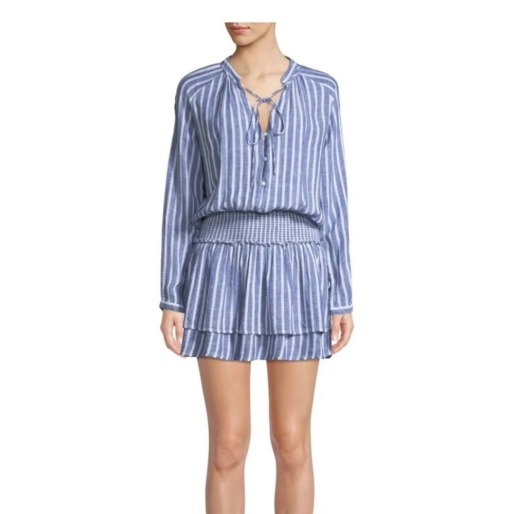 Rails Blue White Striped Smocked Waist Linen Blend Mini Dress Womens Medium #2
